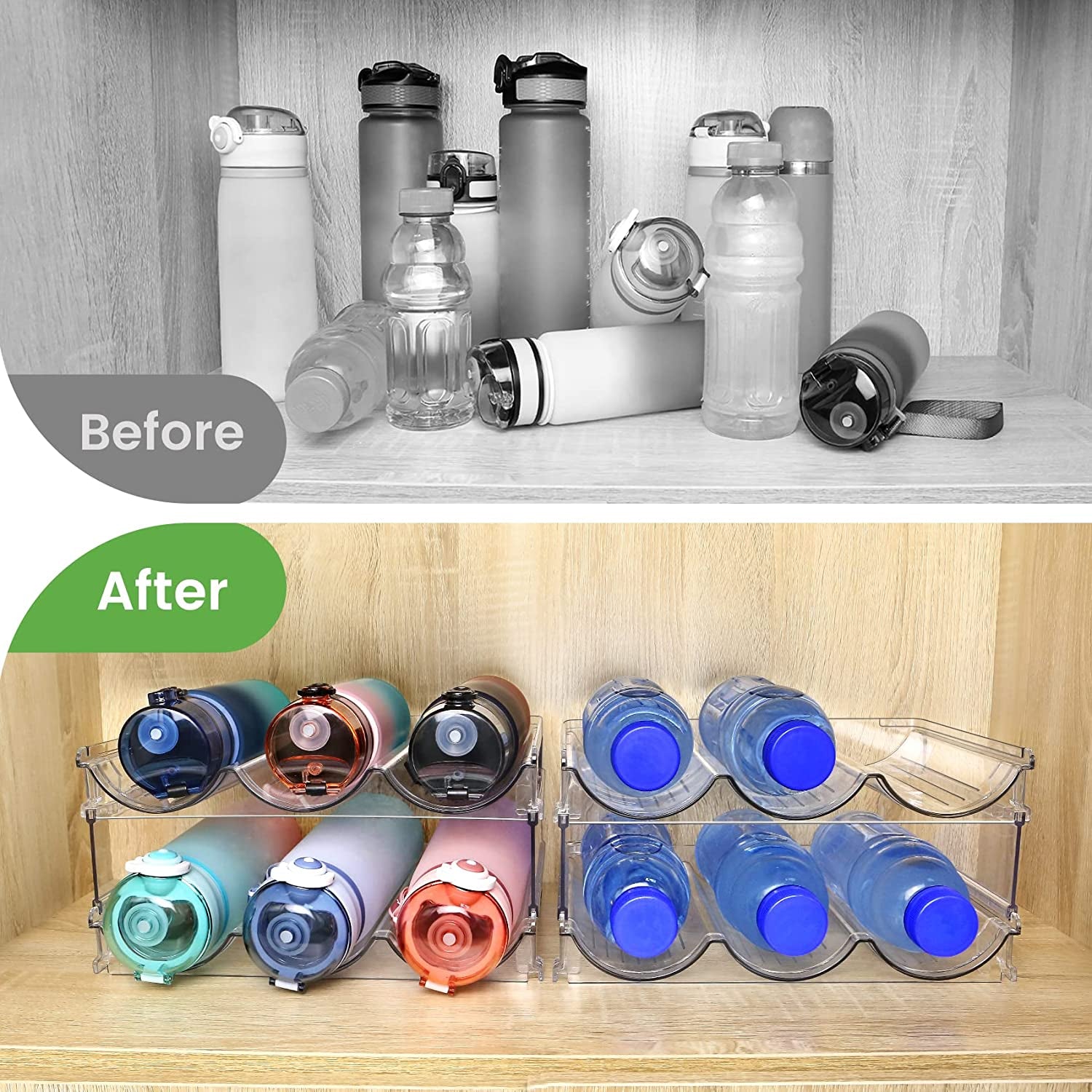 Maximize Your Space with 2-Pack Stackable Water Bottle Organizer - Perfect for Cabinet Storage!