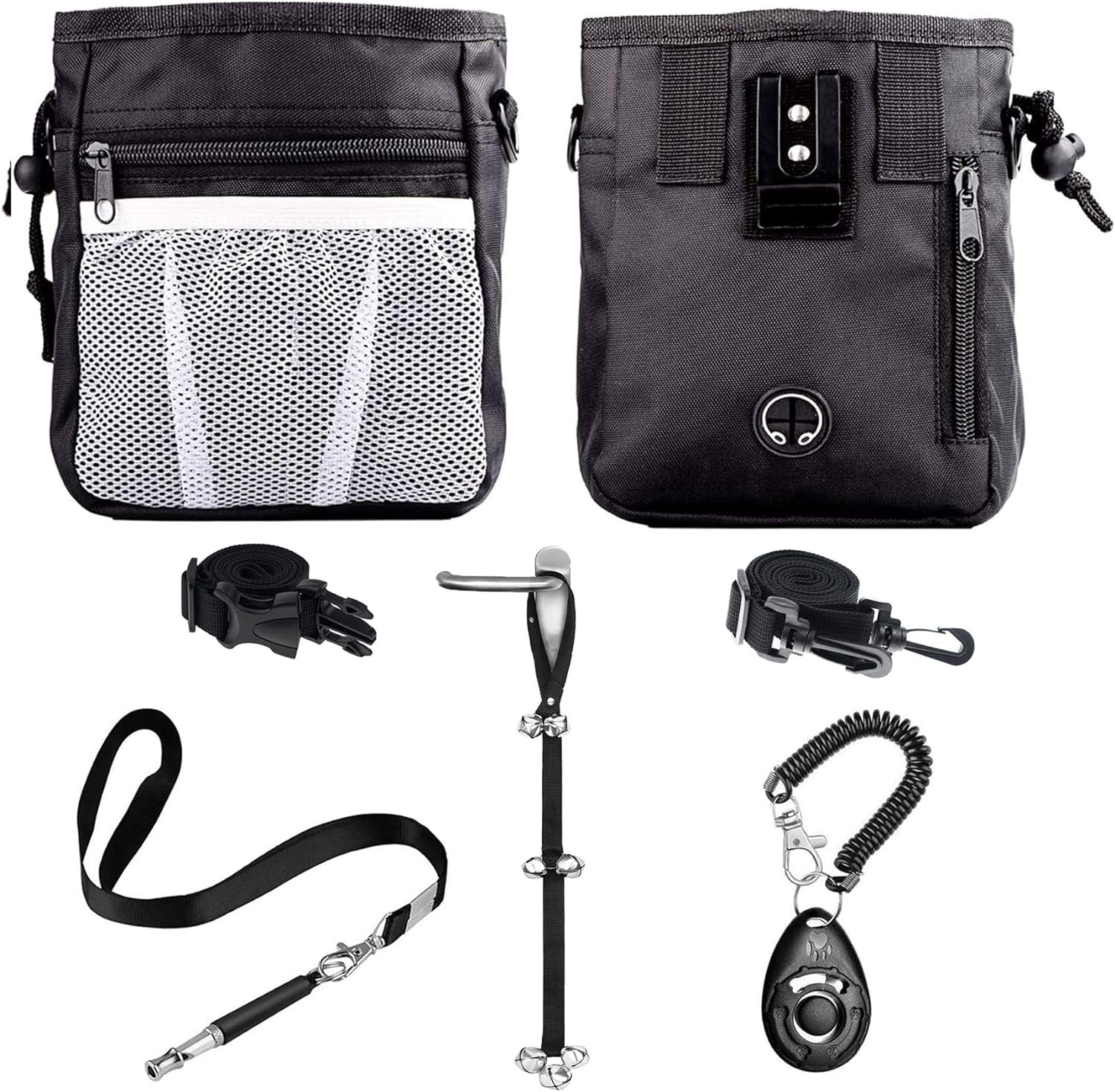 Ultimate 4-In-1 Dog Training Set - Perfect for New Pet Owners: Treat Pouch, Whistle, Doorbells & Clicker (Black)