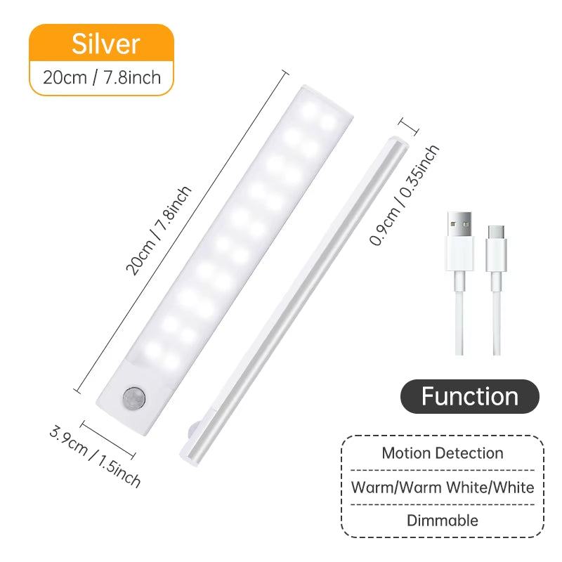 Wireless LED Motion Sensor Night Light - USB Rechargeable Under Cabinet Lamp for Kitchen & Wardrobe