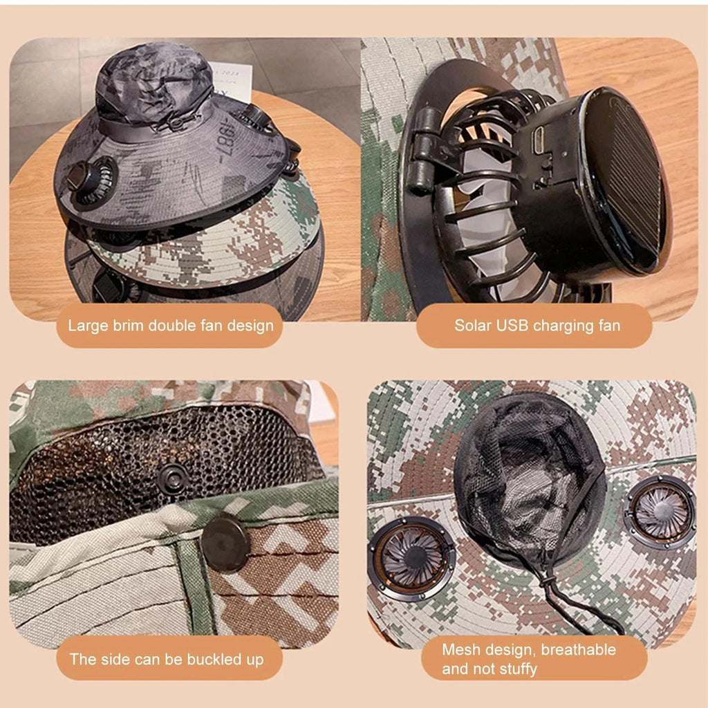 Solar & USB Powered Fan Outdoor Fishing Hat Sunscreen Sun Hat with Dual Fan New