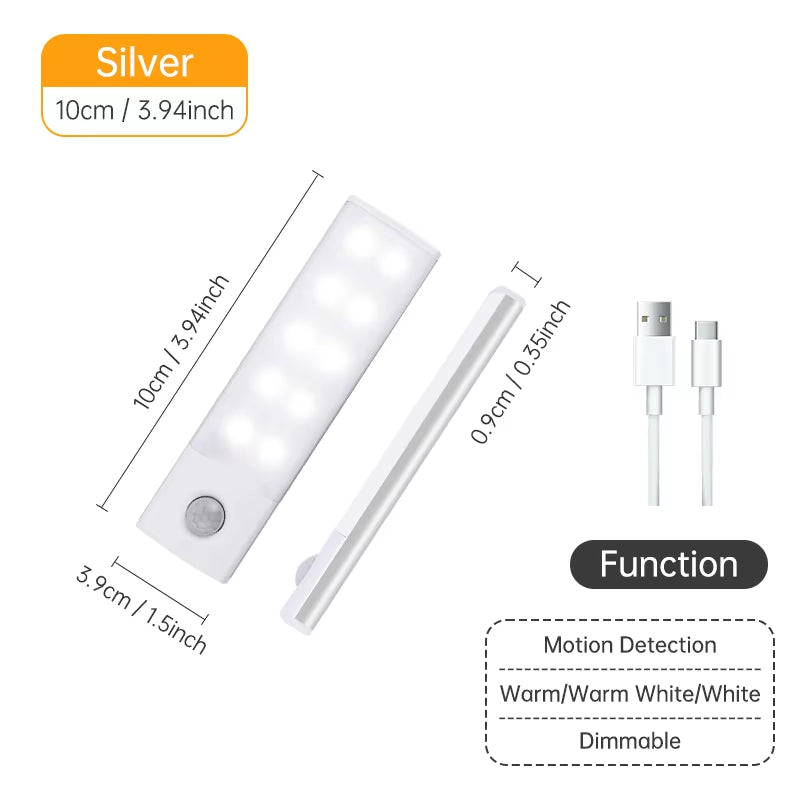 Wireless LED Motion Sensor Night Light - USB Rechargeable Under Cabinet Lamp for Kitchen & Wardrobe
